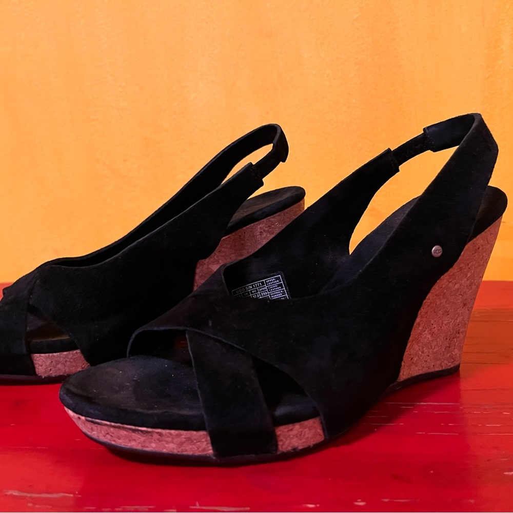 Ugg black suede cork wedge sandals. Size 6.5